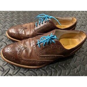 J Shoes Men Wingtip Sz 9 Brown Leather Dress Oxford Caramel Blue Laces cole haan